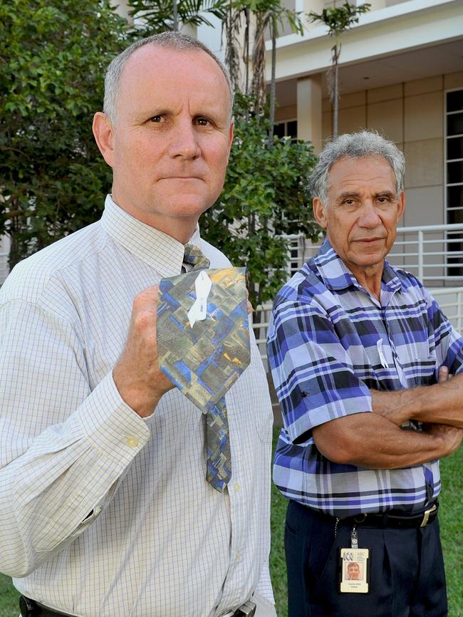 John Elferink, left, and anti-violence campaigner Charlie King in their roles as ambassadors for White Ribbon Day. Mr King says Mr Elferink’s apology for his actions is not enough and has called on Chief Minister Adam Giles to take action against his Minister. Picture: Katrina Bridgeford