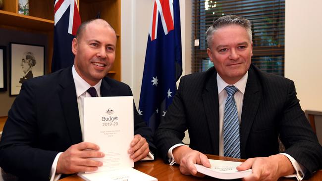 Treasurer Josh Frydenberg with Minister for Finance Mathias Cormann ahead of Budget 2019. Picture: AAP