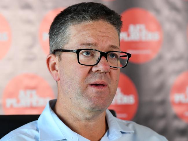 The AFL Players' Association (AFLPA) CEO Paul Marsh addresses the media on the AFLPA Boards position regarding COVID-19 during a press conference at AFLPA Office in Melbourne, Tuesday, March 17, 2020. Marsh has announced that both AFL and AFLW playing groups are prepared to play as soon as they are given the green light by the AFL. (AAP Image/James Ross) NO ARCHIVING