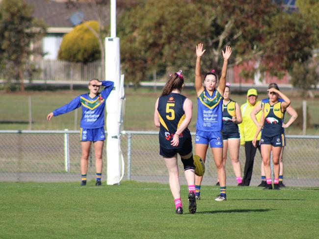 SFLW Community League - Sorell Sascha Newman has a shot for goal during the match against St Virgils during the annual Pink Sock-Carolyn Birch Memorial Match. Picture: Jake Garland