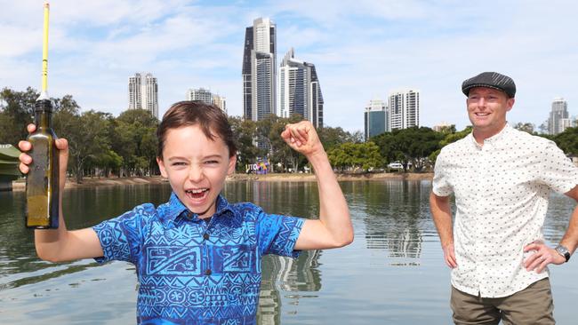 Home schooling whiz kid Felix Hooper, 9, celebrating his science award win with his Hydrometer and his father Derek Hooper at Evandale. Picture: Glenn Hampson.