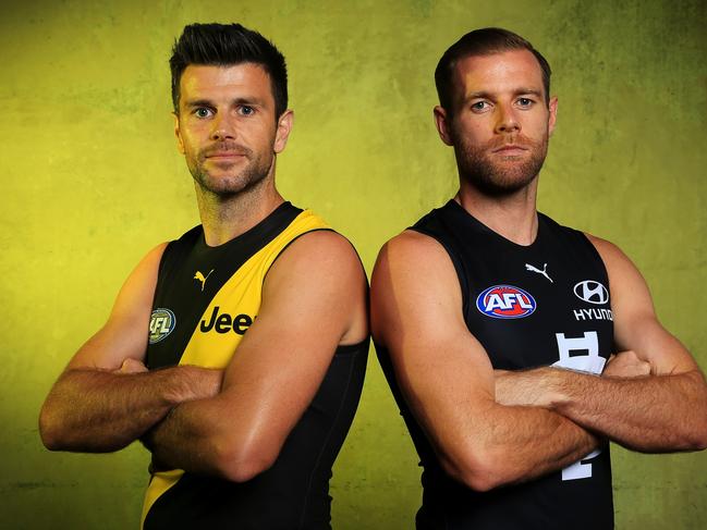 *WARNING CONTACT HERALD SUN PIC DESK BEFORE USE* 2020 AFL Captains Day at Marvel Stadium. Richmond's Trent Cotchin and Carlton's Sam Docherty. Picture: Mark Stewart