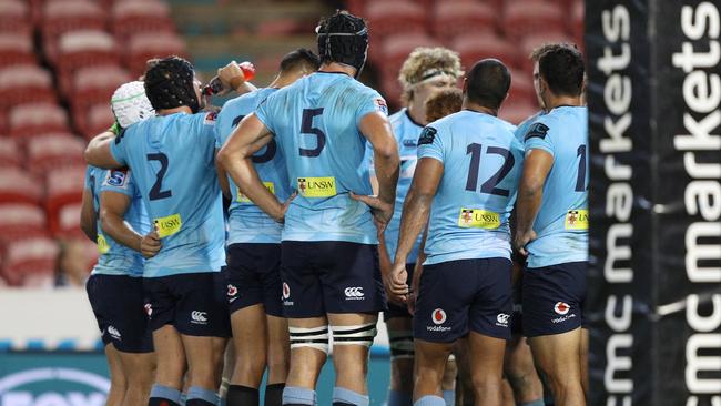 The Waratahs after conceding a try against the Sunwolves in Friday night. Picture: AAP 