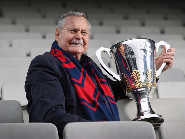 Finals are back the MCG. Football legend Ron Barassi is looking forward for his beloved Melbourne Demons to take home the 2022 Premiership Cup. Ron holds the 2022 AFL Premiership Cup on the MCG. Picture: David Caird