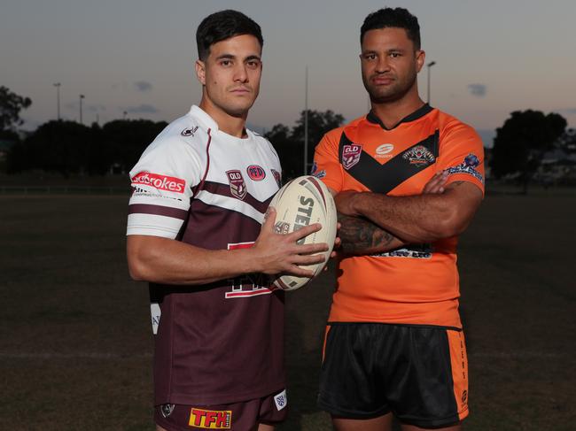 Captains Conner Toia (Burleigh) and Tu Whakatihi (Southport) will do battle in tomorrow’s Rugby League Gold Coast A grade grand final. Picture: Glenn Hampson