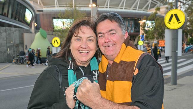 SEPTEMBER 13, 2024: Married couple Paula and Trevor Elliott from Hallet Cove arriving for the Port v Hawthorn semi final at Adelaide Oval. Picture: Brenton Edwards
