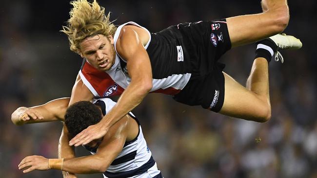 St Kilda’s Sam Gilbert crashes on top of Brandan Parfitt. Picture: Getty Images