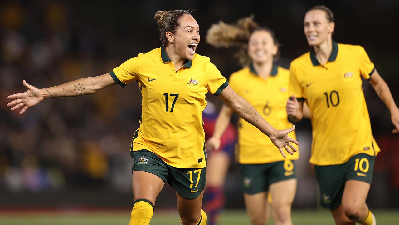 Kyah Simon celebrates scoring her team's only goal. Picture: Cameron Spencer/Getty Images
