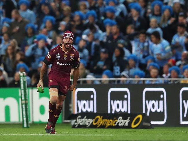 Johnathan Thurston celebrates his clutch conversion. Picture. Phil Hillyard