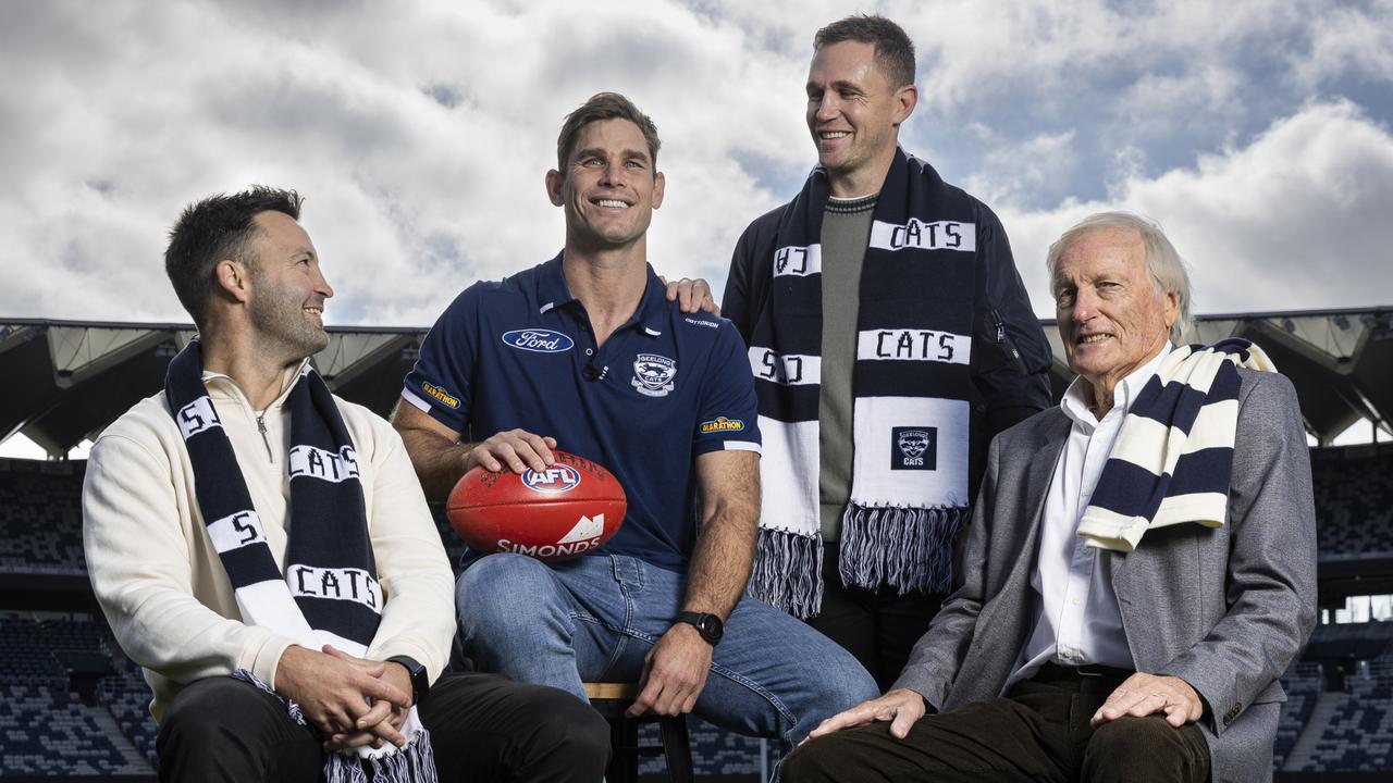 Hawkins (centre) with three of Geelong’s top five for most VFL/AFL games played: Jimmy Bartel (left, 305), Ian Nankervis (right, 325) and Joel Selwood (355). Corey Enright (332 games) is a current St Kilda assistant coach. Picture: Michael Willson / Getty Images