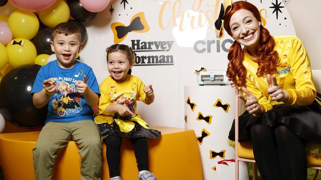 Layla Hadid, 3, and her brother Salahadeen Hadid, 5, excited to meet Emma Wiggle in her last meet and greet as the yellow Wiggle at Harvey Norman in Auburn. Picture: Jonathan Ng