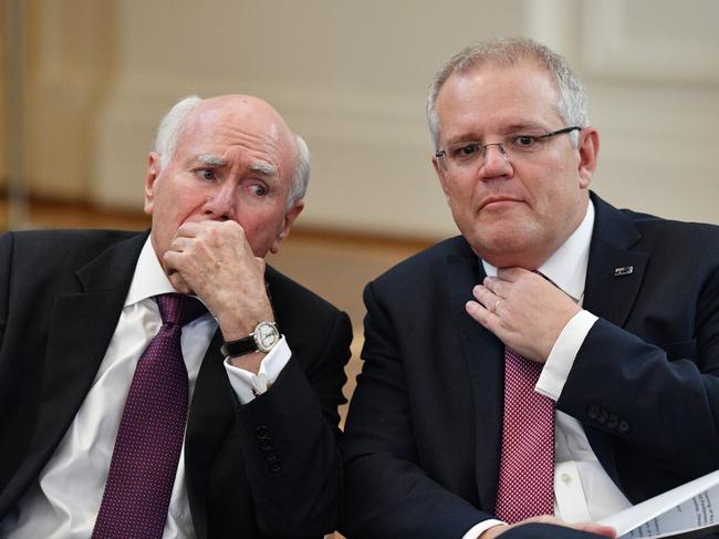 Former Prime Ministers John Howard and Scott Morrison. Picture: AAP Image/Mick Tsikas