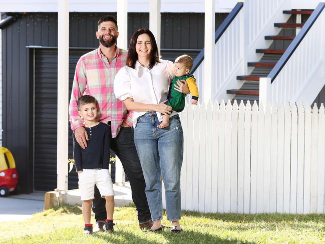 Rohan and Karla Baumgart with Lochlan, 5, and Franklin, 7 months, at their home in Gaythorne. Pics Tara Croser.