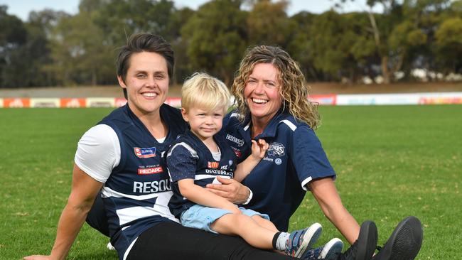 Courtney Gum with son Buz, now 4, and partner Krissie Steen. Picture: AAP/ Keryn Stevens