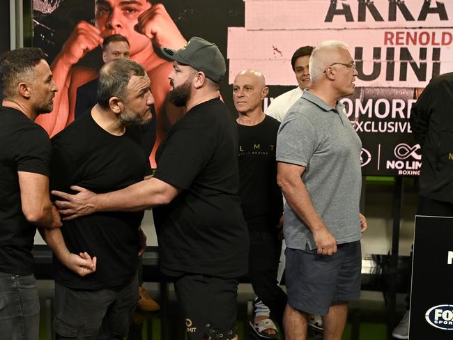 Tempers flare at the weigh-in for Bilal Akkawy and Renold Quinlan. Picture: No Limit Boxing