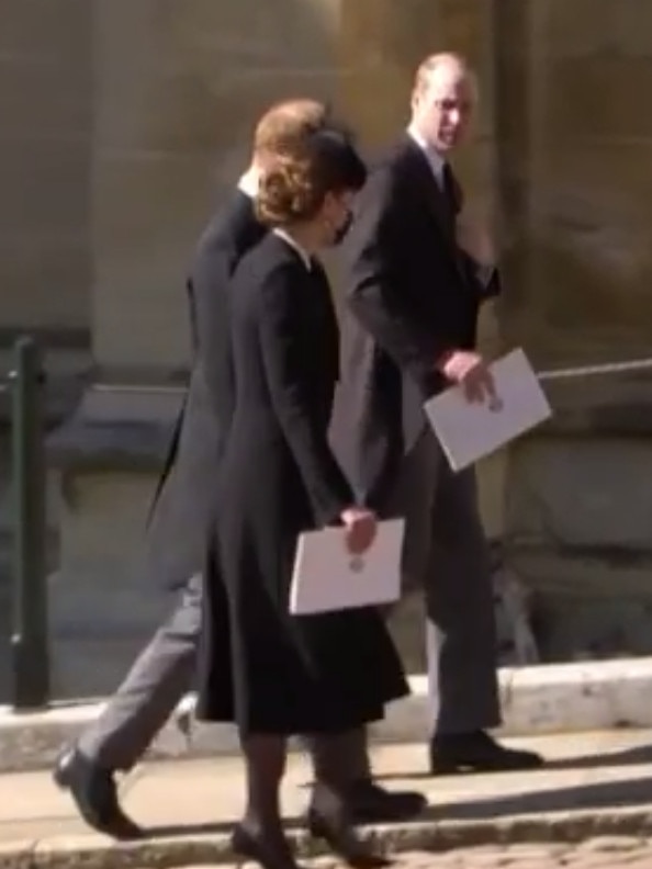 The Duchess of Cambridge broke the ice between the two brothers, as Prince Harry, Prince William and Kate walked together after the funeral service for Prince Philip. Picture: 7NEWS