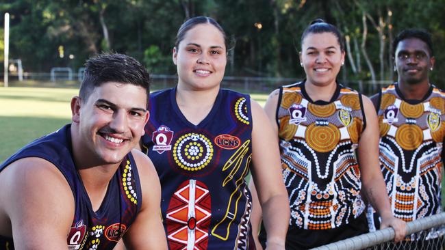 STRONG SIDES: Lions players Brodie Deverell and Luana Healey will compete in the Dreamtime by the Sea clash against Tigers’ Shay Warburton and Fitzroy Greenwool, with both teams sporting special jerseys with indigenous designs. Picture: BRENDAN RADKE.