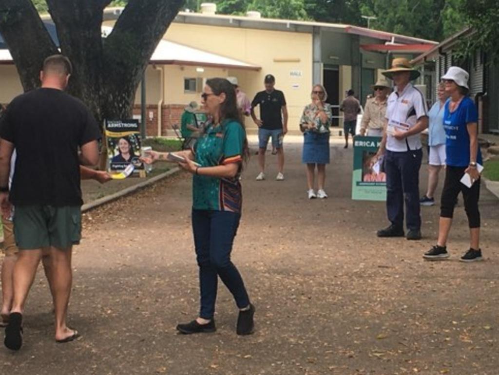 Voters pour into the Mundingburra State School voting booth to have their say for this Townsville City Council election. Picture: Evan Morgan