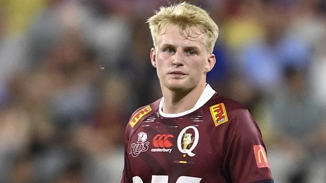 TOWNSVILLE, AUSTRALIA - FEBRUARY 25:  Tom Lynagh of the Reds looks on during the round one Super Rugby Pacific match between Queensland Reds and Hurricanes at Queensland Country Bank Stadium, on February 25, 2023, in Townsville, Australia. (Photo by Ian Hitchcock/Getty Images)