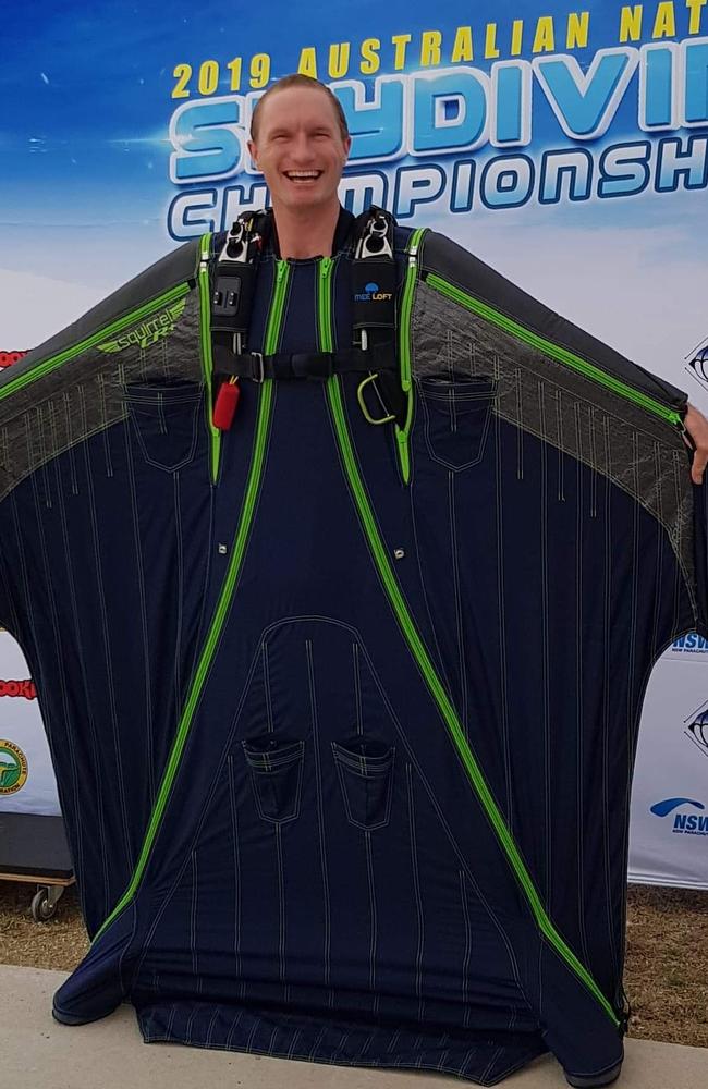 Chris Byrnes in his wingsuit at the Australian and New Zealand National Skydiving Championships in Moruya, NSW on 12/3/19.