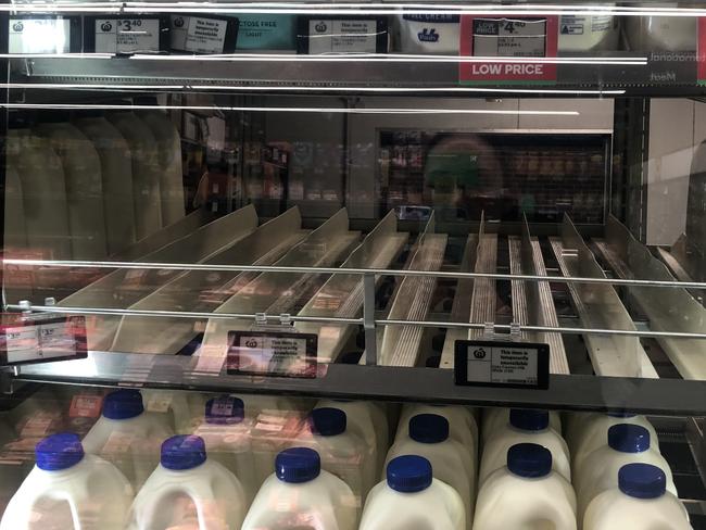 Dairy Farmers milk products missing from shelves at IGA and Woolworths in NSW on 02 October 2023 due to Bega worker strike. Picture: Supplied