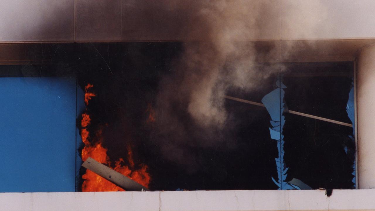 The impact of the explosion at the National Crime Authority (NCA) office on the 12th floor of the CPS Credit Union building in Waymouth Street, Adelaide.