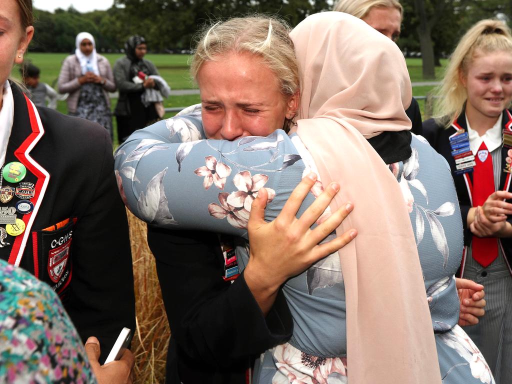 High school students from Christchurch Girls and Boys High Schools meet the families of victims. Picture: Gary Ramage