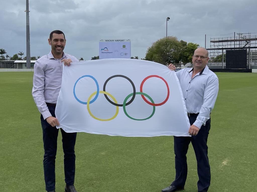 Harrup Park CEO Adrian Young (left) hopes stage 2 of the Great Barrier Reef Arena will bring the Olympics to Mackay. Picture: Supplied.