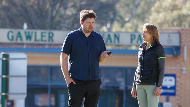 Journalist Jack Hudson talks to Ali Eberhard, owner of the Gawler Caravan Park. Picture: Matt Turner