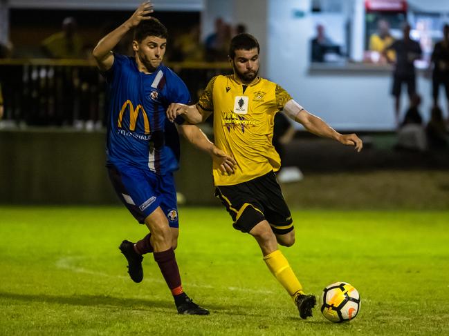 Edge Hill United's Josh De Nittis takes possession. Picture: Emily Barker.