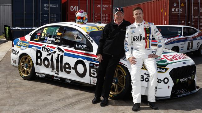 Mark Winterbottom with Allan Moffat and the 1977 Mustang livery. Picture: Mark Horsburgh