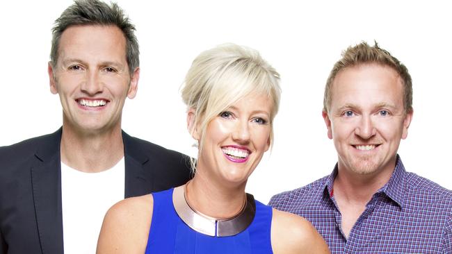 Mix 102.3’s 2014 brekky team, Mark “Soda” Soderstrom, Jodie and Snowy. Picture: Supplied