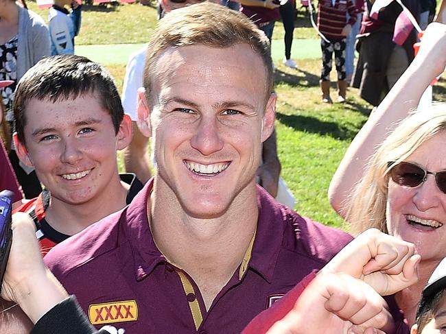 HERVEY BAY, AUSTRALIA - JULY 03: Daly Cherry-Evans poses for a photo with fans during a Queensland Maroons Fan Day on July 3, 2018 in Hervey Bay, Australia.  (Photo by Bradley Kanaris/Getty Images)