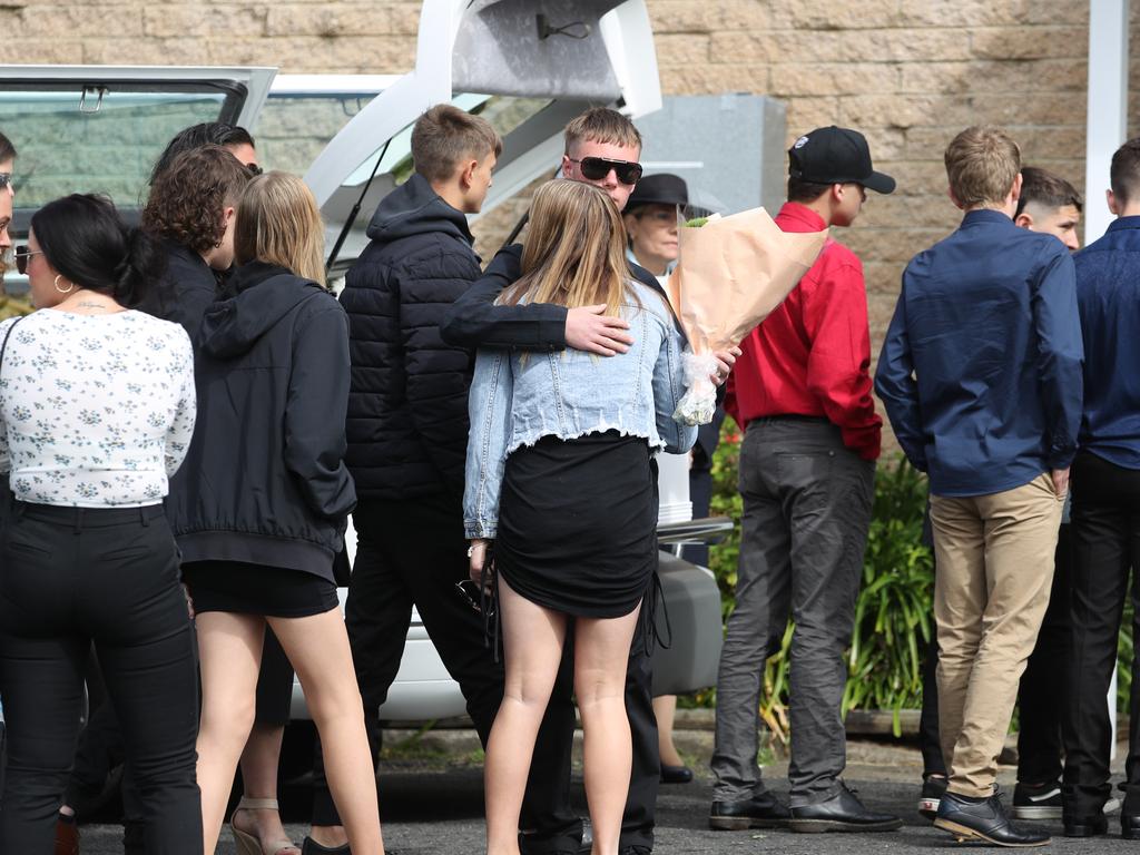 Family and friends gather outside the HisHouse Church for funeral OF teen crash victim Tyrese Bechard. Picture: John Grainger