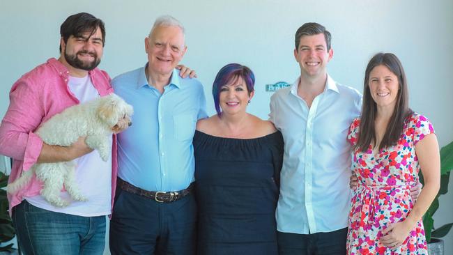 National Critical Care and Trauma Response Centre executive director Len Notaras at home with his family. From left: Christian Cahill-Notarus, Len Notaras, Robyn Cahill, Joel Morrison and Eliza Morrison. Picture: GlennCampbell