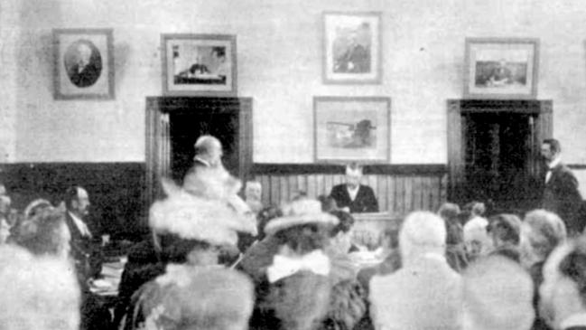 A packed courtroom during an inquiry into the death of Mabel Ambrose in early 1899. Image: Trove