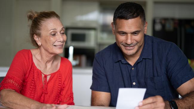 Former rugby league footballer Justin Hodges with his mum Cheryl Hodges, as part of his participation in SBS program Who Do You Think You Are?