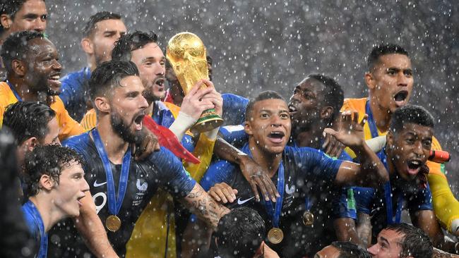 France's players lift the World Cup trophy after winning the title in Russia last year. Picture: AFP