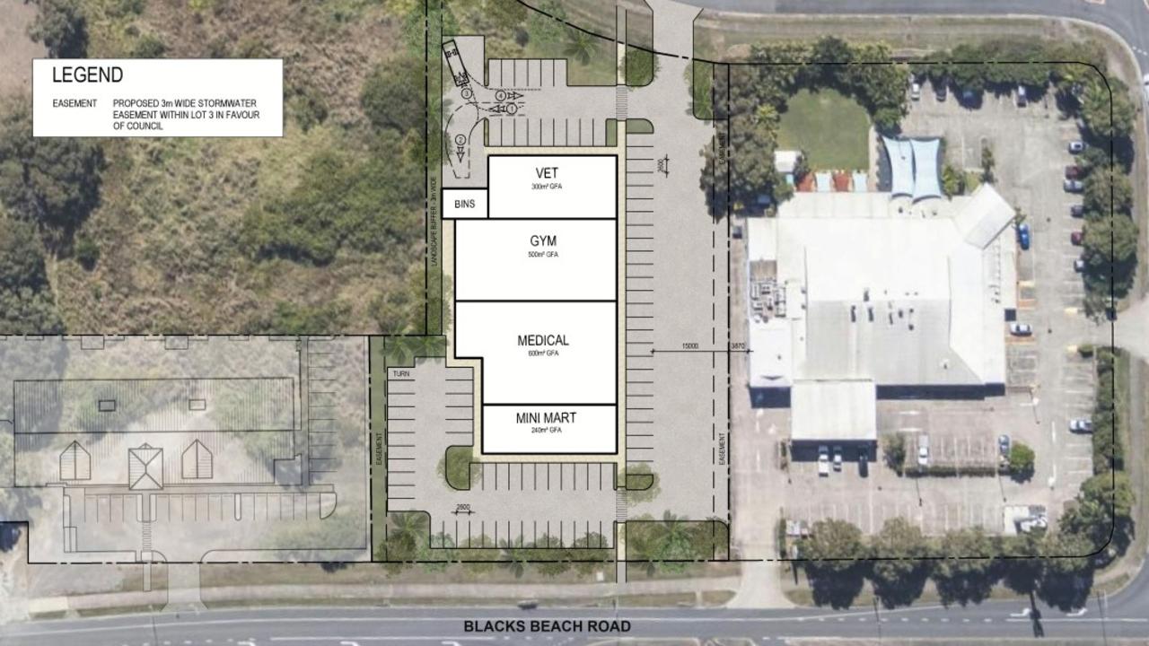 Crossroad Developments has applied to Mackay Regional Council to build a shopping precinct and residential sub development along Blacks Beach Rd in Blacks Beach. The proposed building to the left is a childcare centre already approved by the council. Picture: Documents submitted to Mackay Regional Council