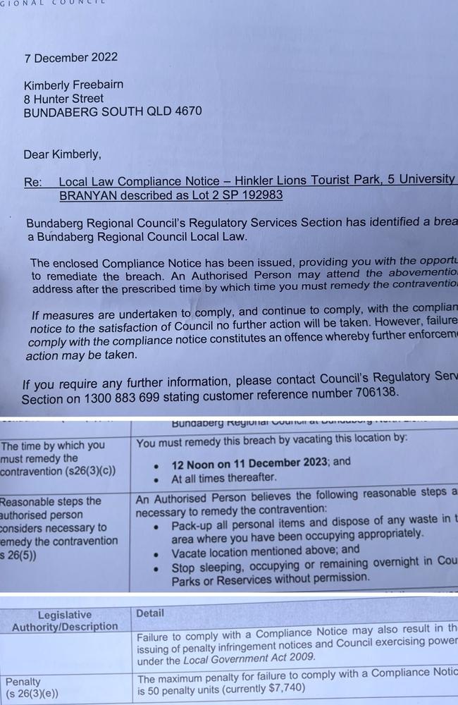 The compliance notice issued to Ms Freebairn ordered her to vacate the park within four days or risk being subject to a fine of more than $7000.