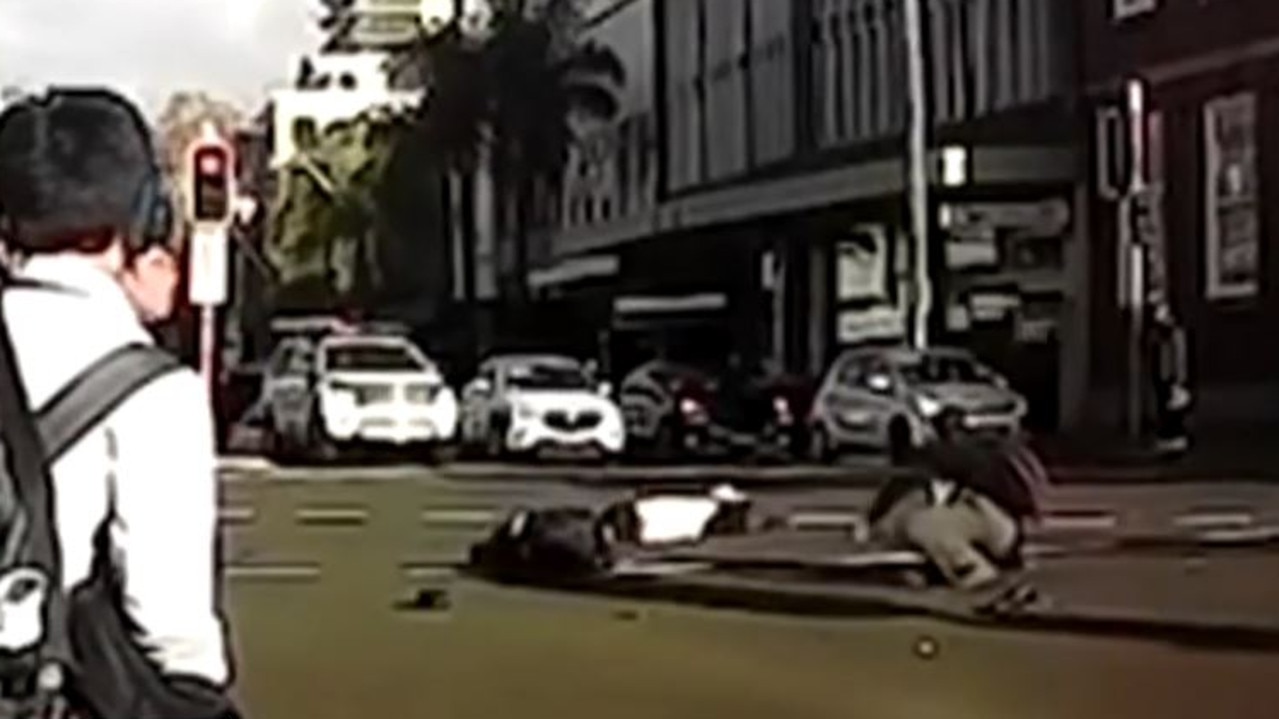 The three boys splayed in the middle of the intersection moments after the crash. Picture: 7 News