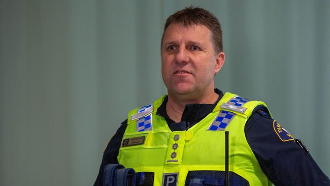 Acting Inspector Jason Klug addresses media in relation to a fatal crash at the ABC roundabout in Hobart on Sunday 21st July 2024. Picture: Linda Higginson