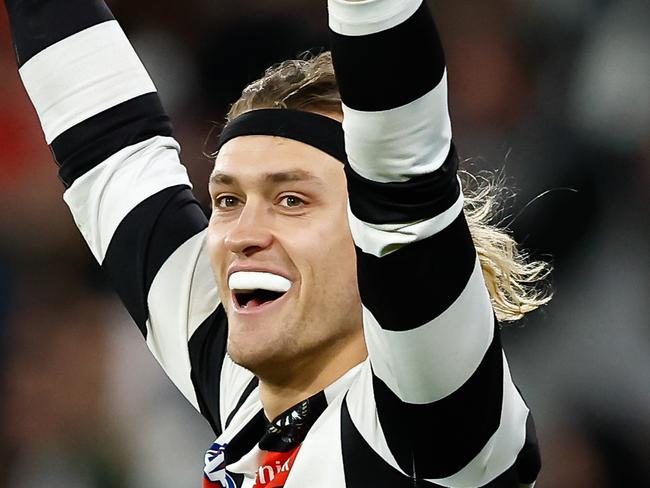 MELBOURNE, AUSTRALIA - MAY 07: Darcy Moore of the Magpies reacts after the final siren during the 2023 AFL Round 08 match between the Collingwood Magpies and the Sydney Swans at the Melbourne Cricket Ground on May 7, 2023 in Melbourne, Australia. (Photo by Dylan Burns/AFL Photos via Getty Images)