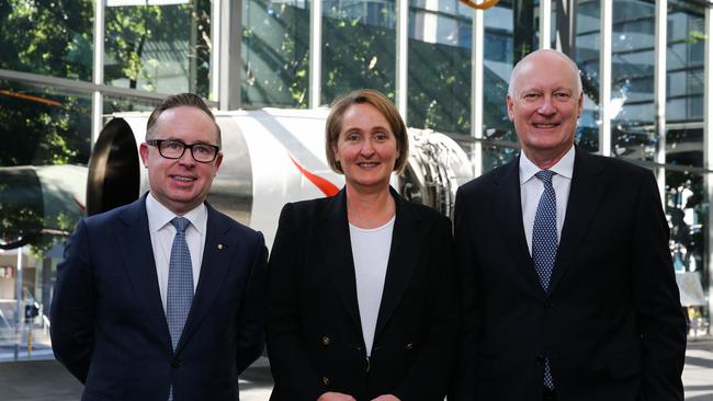 Former Qantas CEO Alan Joyce with new boss Vanessa Hudson and chairman Richard Goyder. Picture: Gaye Gerard/NCA Newswire