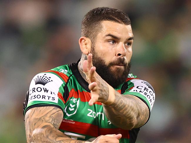 CANBERRA, AUSTRALIA - APRIL 29: Adam Reynolds of the Rabbitohs kicks ahead during the round eight NRL match between the Canberra Raiders and the South Sydney Rabbitohs at GIO Stadium, on April 29, 2021, in Canberra, Australia. (Photo by Mark Nolan/Getty Images)