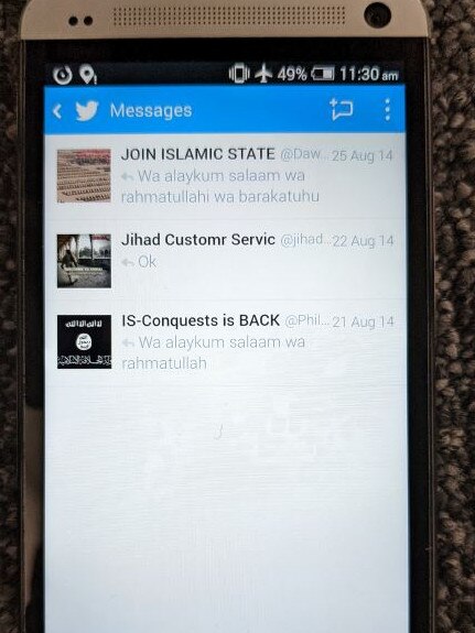 A screenshot of Jake Bilardi's phone showing his Twitter inbox. The top message thread is from Mirsad Kandic. Picture: Supplied
