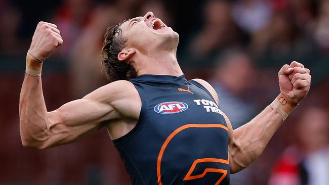 SYDNEY, AUSTRALIA - SEPTEMBER 07: Aaron Cadman of the Giants celebrates a goal during the 2024 AFL First Qualifying Final match between the Sydney Swans and the GWS GIANTS at The Sydney Cricket Ground on September 07, 2024 in Sydney, Australia. (Photo by Dylan Burns/AFL Photos via Getty Images)