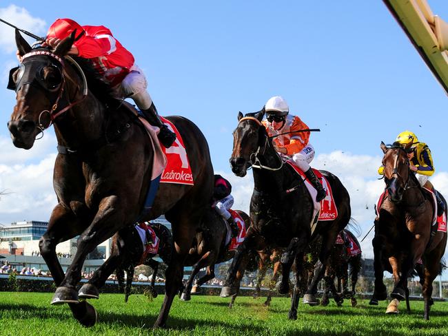 MELBOURNE, AUSTRALIA - APRIL 30: Ben Allen riding Olivier wins Race 3, during Melbourne Racing at Caulfield Racecourse on April 30, 2016 in Melbourne, Australia. (Photo by Vince Caligiuri/Getty Images)