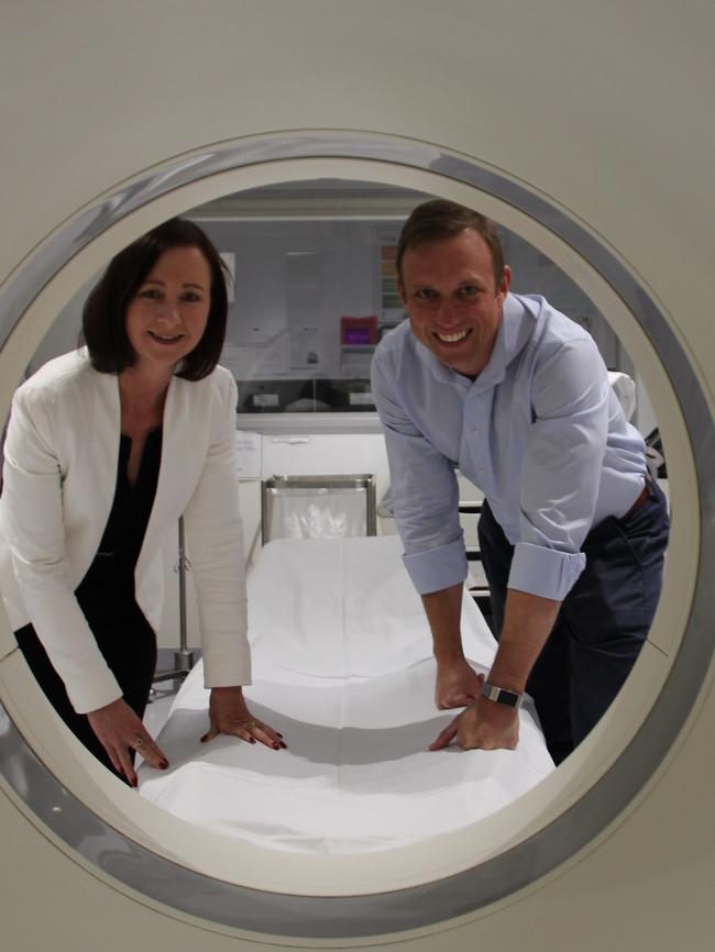 State Labor MP for Redcliffe Yvette D'Ath and State Health Minister Steven Miles check out the CT scanner at the Redcliffe Hospital. Photo: Erin Smith