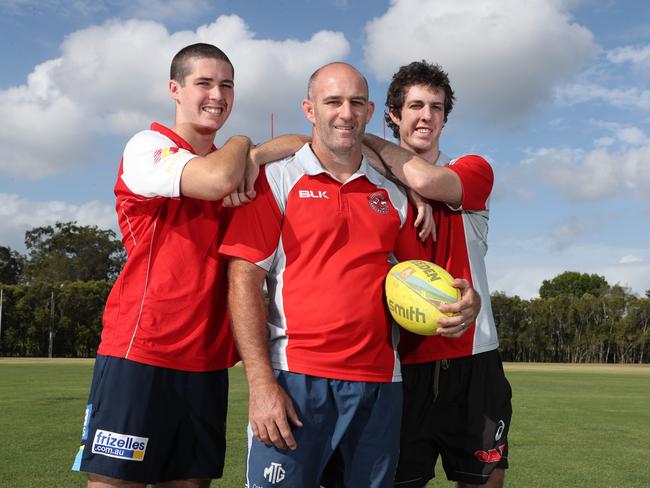 Former Melbourne Storm NRL veteran Matt Geyer with his footy playing sonsCole (left0 and Nash at Currumbin Eagles. Picture Glenn Hampson